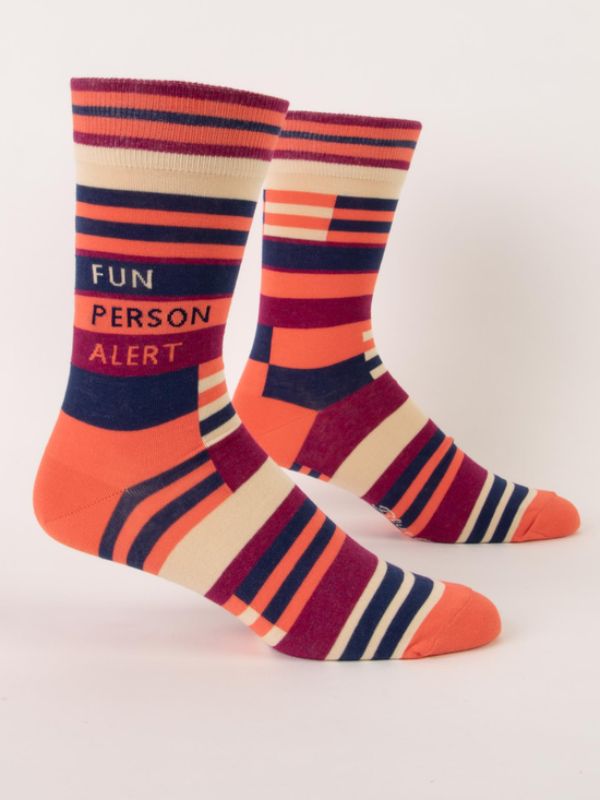 Vibrant Blue Q Men's socks featuring 'Fun Person Alert' design for a stylish, comfortable fit in sizes 7-12.