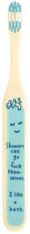 Blue Q toothbrush in fun shower design, featuring soft bristles, wide grip, and eco-friendly BPA-free material.