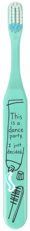 Vibrant Blue Q Toothbrush with playful 'Dance Party' design, soft bristles, and ergonomic handle for joyful brushing.
