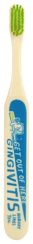 Blue Q toothbrush featuring a beaver design, soft bristles, wide handle, and BPA-free materials for effective dental care.