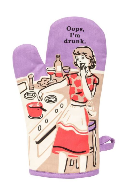 Funny 'Oops, I'm Drunk' oven mitt in vibrant design, made of 100% cotton, perfect for cooking with a humorous twist.