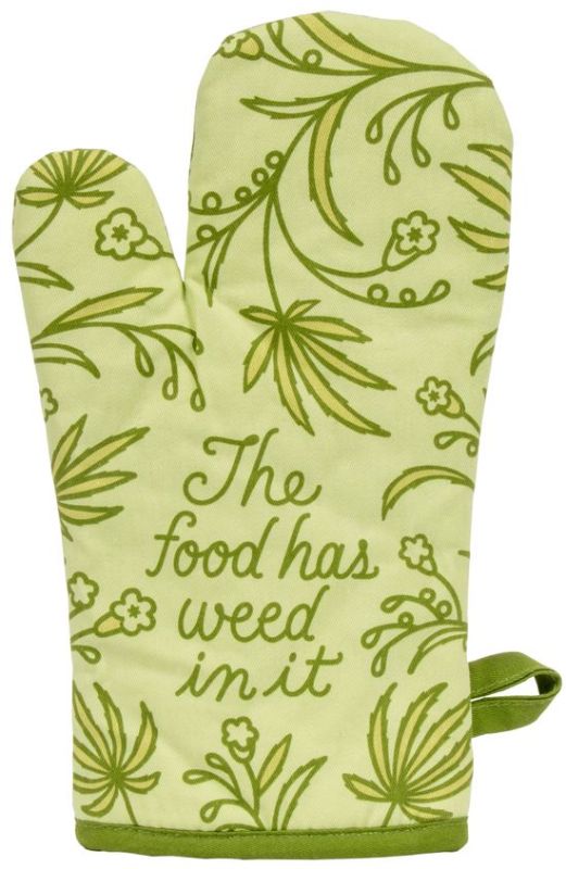 Humorous oven mitt for cannabis lovers, made of 100% cotton, featuring super insulation and quirky design.