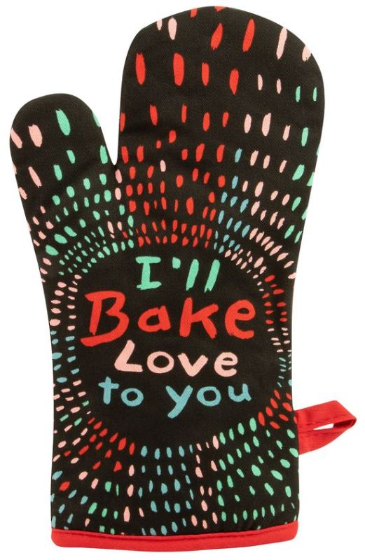 Charming 'I'll Bake Love To You' oven mitt, made from 100% cotton, providing heat protection and a comfortable grip.