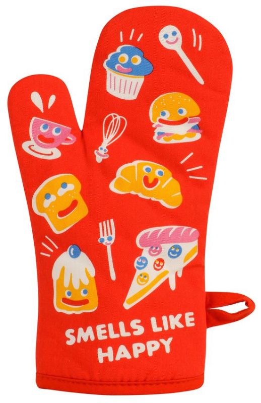 Colorful cotton oven mitt with cheerful design, offering heat protection and comfort for joyful cooking experiences.