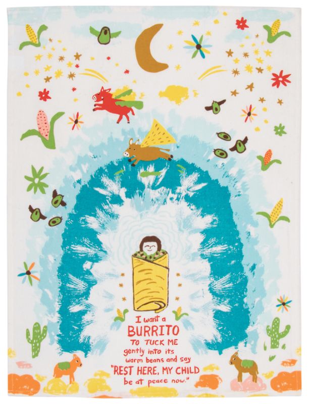 Blue Q Dish Towel featuring 'I Want A Burrito' design; super-absorbent, 100% unbleached cotton, 28x21 inches.