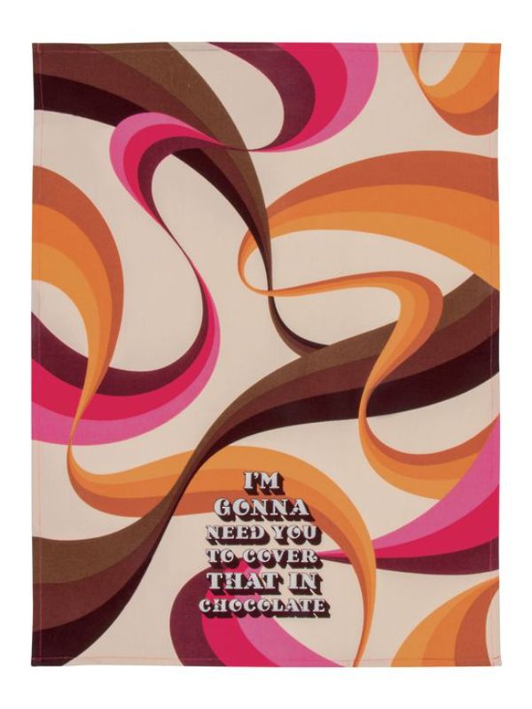 Blue Q Dish Towel featuring a fun chocolate-themed design, made from super-absorbent 100% unbleached cotton.