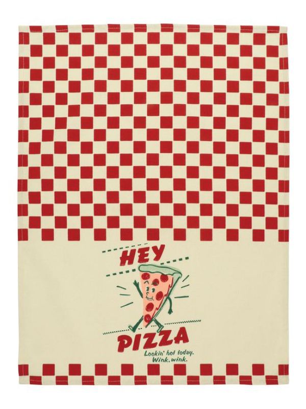 Blue Q 'Hey Pizza' dish towel featuring a playful design and super-absorbent 100% cotton material, perfect for kitchen tasks.
