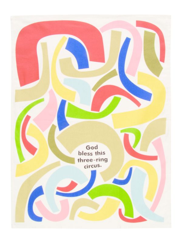 Whimsical Blue Q Dish Towels featuring a vibrant circus theme, made of 100% unbleached cotton for super absorbency.