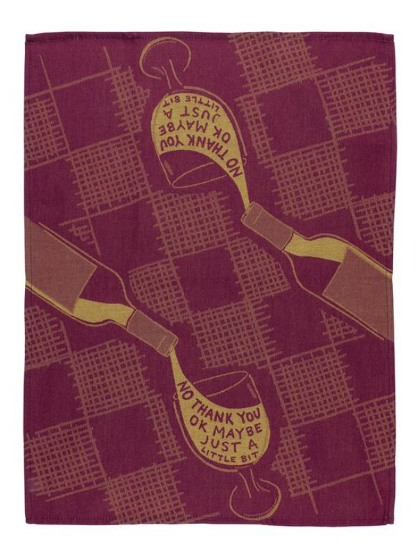 Blue Q dish towel featuring humorous 'NO THANK YOU OK MAYBE JUST A LITTLE BIT' design in super-absorbent cotton.