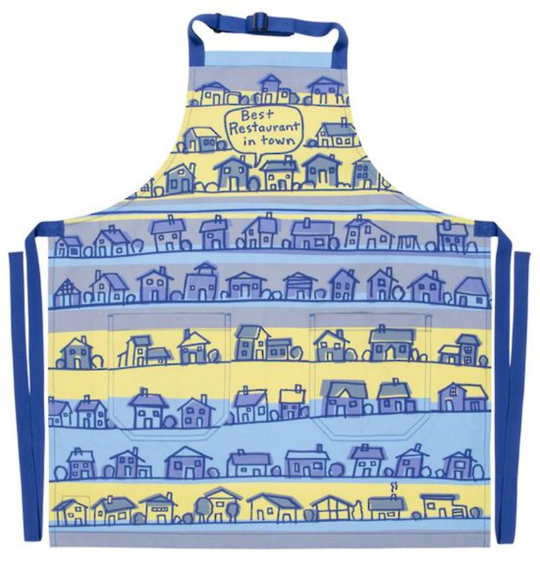 Stylish 'Best Restaurant in Town' apron in heavy cotton twill with pockets, adjustable neck strap, and extra-long ties.