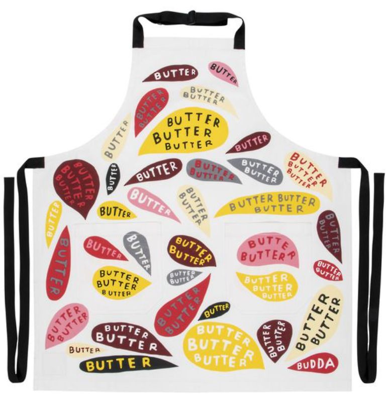 Whimsical 'Butter Butter Butter' apron featuring sturdy cotton, adjustable neck, long ties, and handy pockets for chefs.