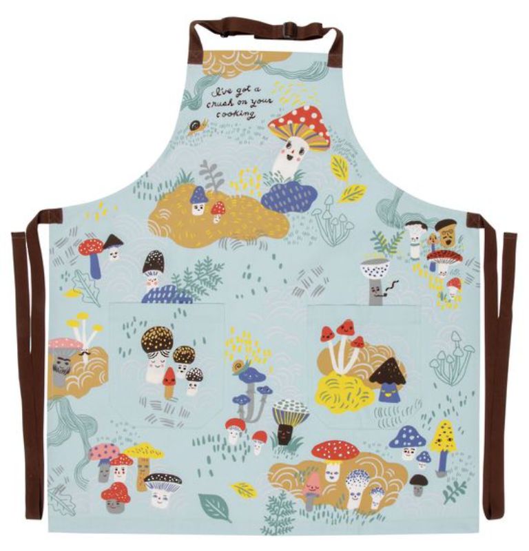 Playful 'I've Got A Crush' apron in heavy cotton twill with pockets, adjustable neck strap, and long waist ties for comfort.