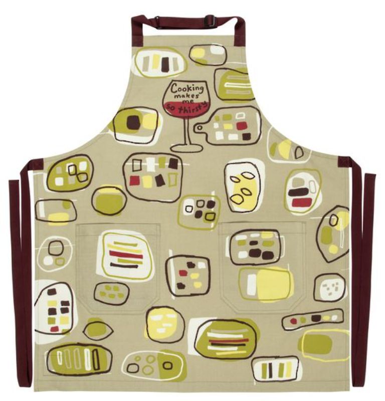 Humorous 'Cooking Makes Me So Thirsty' apron with pockets, adjustable neck, and extra-long ties for kitchen comfort.