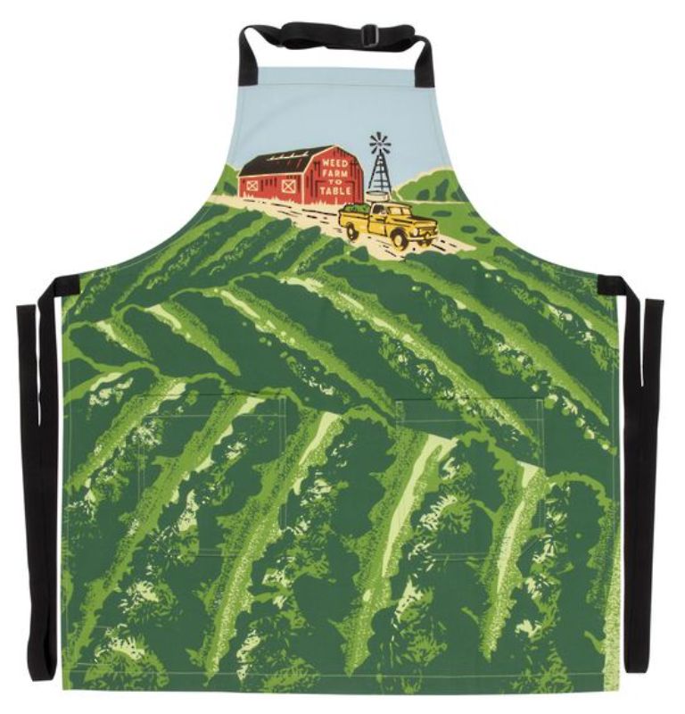 Eco-friendly Weed Farm To Table Apron in heavy cotton twill with long ties and pockets for gardening tools.