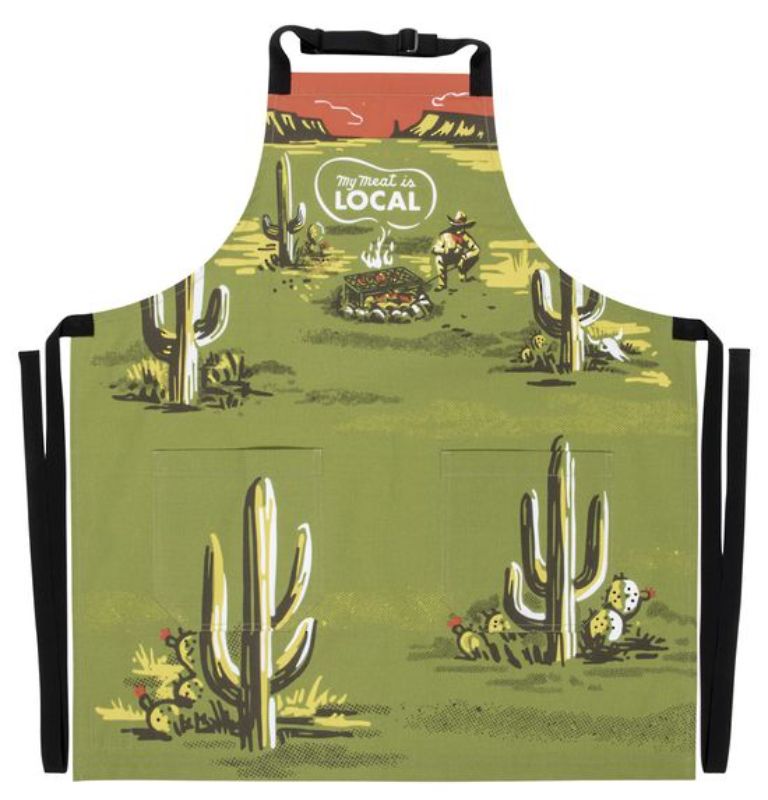 Stylish 'My Meat Is Local' apron made from heavy cotton twill, featuring pockets and adjustable ties for conscious cooks.