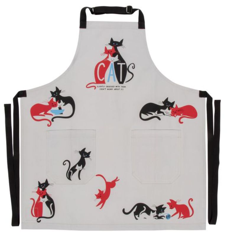 Whimsical 'Cats' apron featuring playful designs, durable cotton twill, adjustable neck strap, and handy pockets.