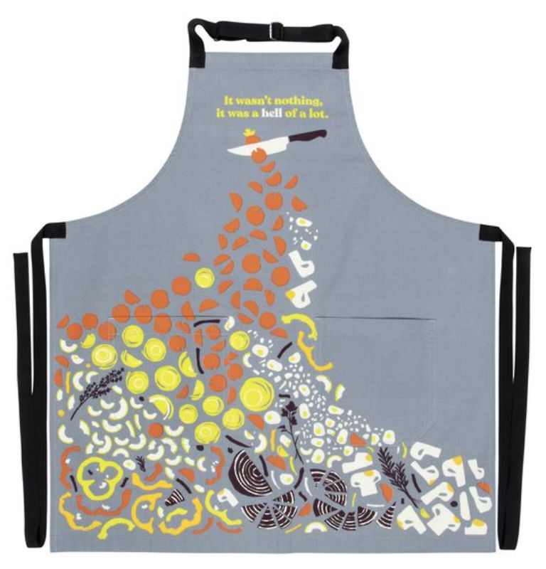 Durable 'It Wasn't Nothing' apron in heavy cotton twill with adjustable neck, extra-long ties, and handy pockets for cooking essentials.