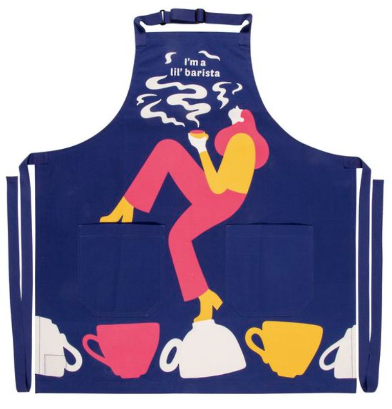 Fun and stylish apron for coffee lovers with pockets and extra-long ties, made from durable cotton twill.