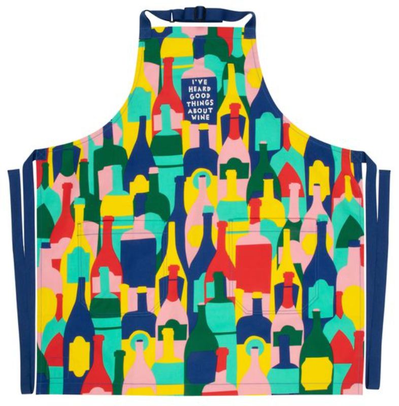 Humorous wine-themed apron with adjustable straps, pockets, and durable 100% cotton twill for cooking enthusiasts.
