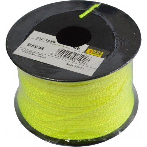 Fluorescent braided builders line on reel, 100m long, strong and durable for precise marking and measuring in construction projects.