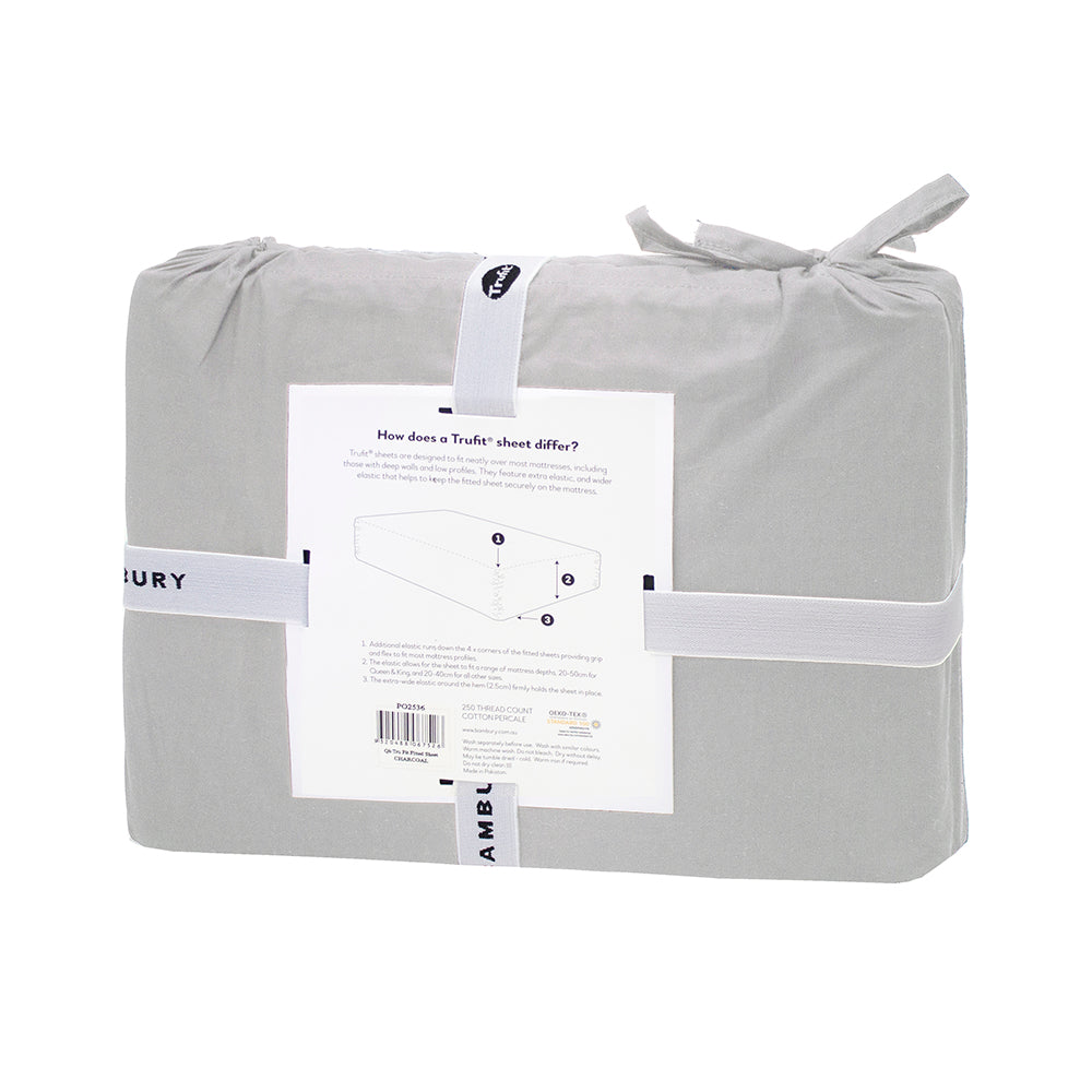 Tru Fit Silver Queen Sheet Set with snug, breathable cotton for mattresses 20-50 cm deep, includes flat sheet and pillowcases.