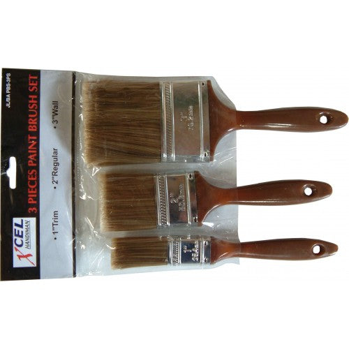 Three-piece paint brush set featuring 25mm, 50mm, and 76mm brushes with ergonomic handles for smooth application.