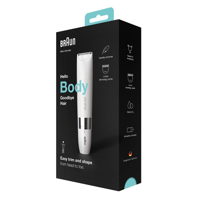 Braun BS1000 Body Mini Trimmer in white, designed for wet and dry use, offering precise hair removal for sensitive areas.