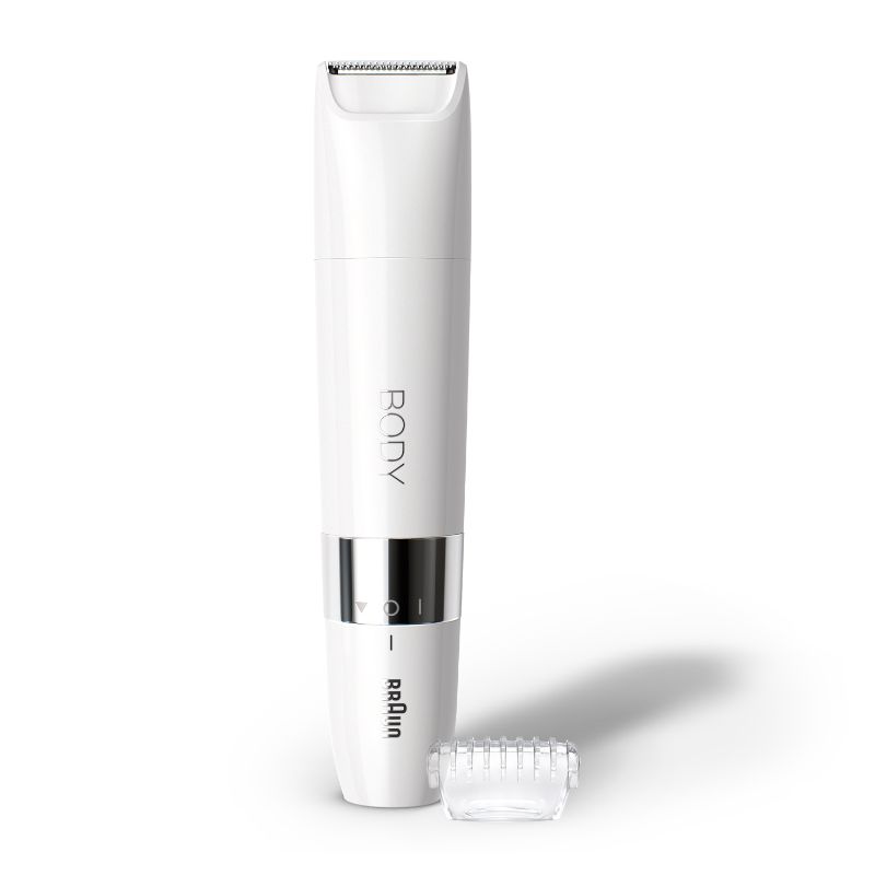 Braun BS1000 Body Mini Trimmer in white, designed for wet and dry use, perfect for precise and gentle body hair grooming.
