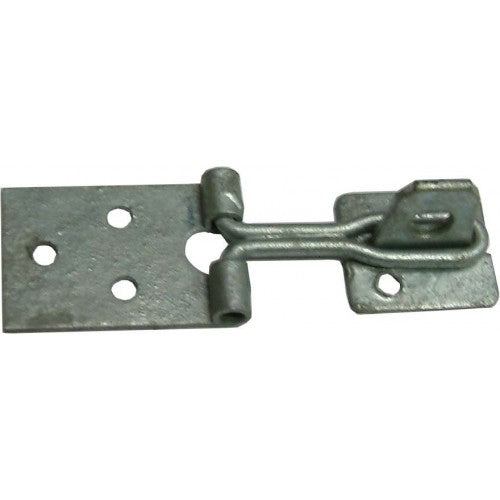 Galvanized steel wire hasp and staple set, 75mm long, rust-resistant for outdoor security on sheds and gates.