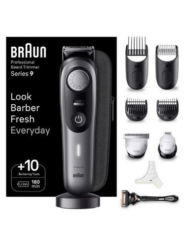 Braun Pro 9 BT9420 Beard Trimmer with 10 tools, 40 length settings, and 180-min cordless runtime for precision grooming.