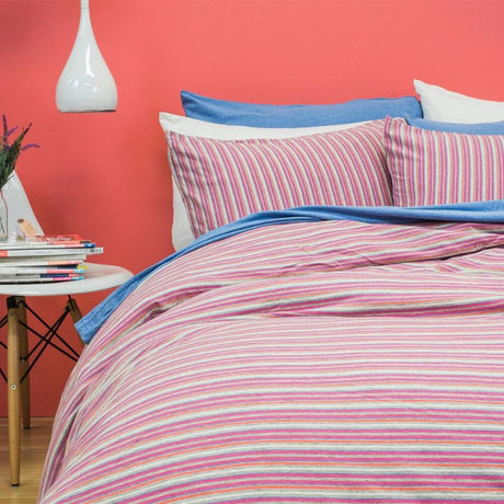 Bambury Dahlia Stripe Double Duvet Cover Set in pink, 100% cotton, stylish and breathable for year-round comfort.
