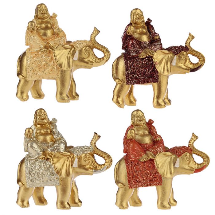 Lucky Buddha Sitting on Glitter Elephant - Set of 4
