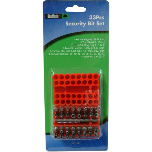33-piece security bit set with various bits for specialized repairs, includes magnetic holder in durable case.