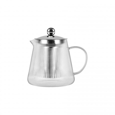 Brew Infusion Teapot with vertical stripes, 600ml capacity, durable borosilicate glass, ergonomically designed for easy pouring.