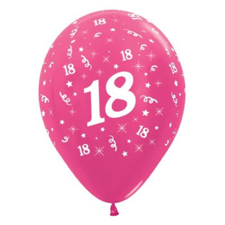Pack of 25 fuchsia metallic pearl balloons for age 18 birthday celebrations, adding elegance and vibrancy to your party.