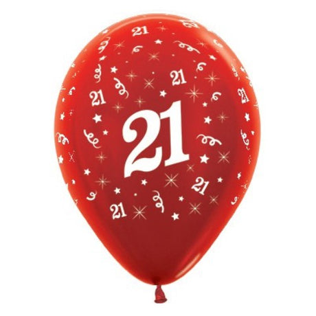 Red metallic pearl balloons, pack of 25, perfect for celebrating a 21st birthday with elegant decor.