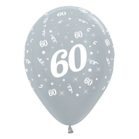 Pack of 25 silver metallic pearl balloons for Age 60 celebrations, perfect for elegant birthday decor and special events.