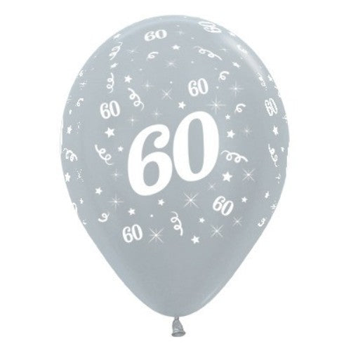 Pack of 25 silver metallic pearl balloons for Age 60 celebrations, perfect for elegant birthday decor and special events.