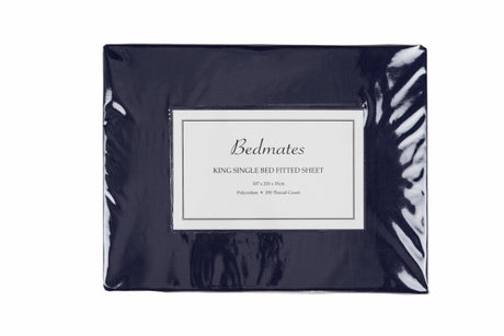 Queen Sheet Set in navy, made from durable polyester cotton percale, includes fitted sheet, flat sheet, and pillowcases.