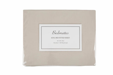 Queen sheet set in oyster color, made of 50/50 polyester cotton, includes flat sheet, fitted sheet, and two pillowcases.