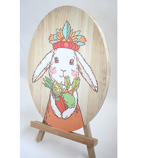 Whimsical Tribal Bunny Princess plywood wall art, eco-friendly, 210mm x 280mm, perfect for nurseries and playrooms.