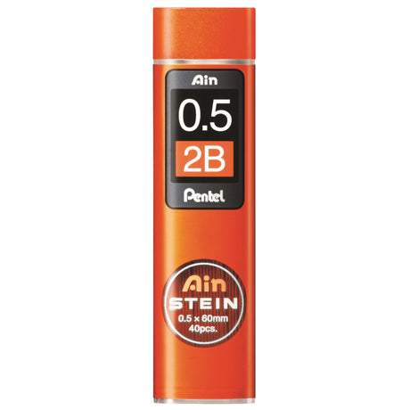 Pentel Ain Stein 2B 0.5mm mechanical pencil leads in swivel-top tubes, durable and eco-friendly, perfect for precise writing.