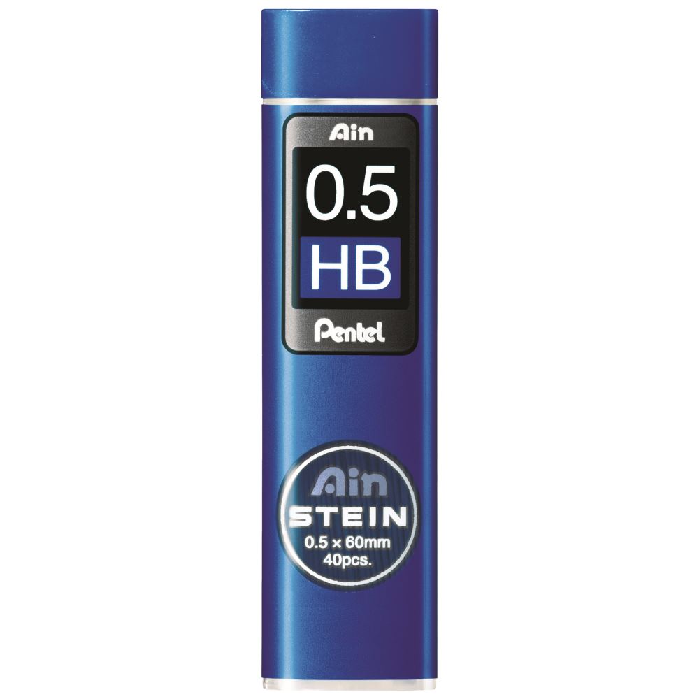 Pentel Ain Stein HB 0.5mm leads in swivel-top tube, 40 durable leads per tube, eco-friendly design, box of 12 units.