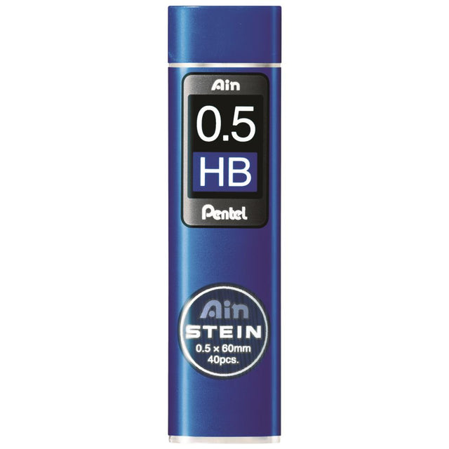 Pentel Ain Stein HB 0.5mm leads in swivel-top tube, 40 durable leads per tube, eco-friendly design, box of 12 units.