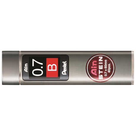 Pentel Ain Stein 0.7mm mechanical pencil leads in swivel-top tube, strong, 92% recycled, available in multiple grades.