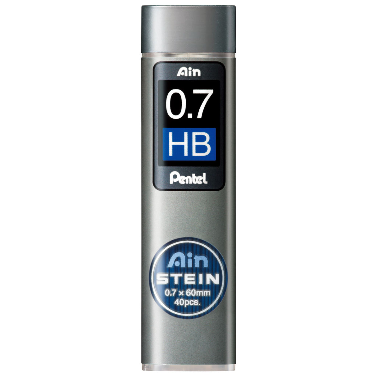 Pentel Ain Stein 0.7mm HB Leads in 12 tubes, featuring durable, break-resistant leads with a swivel-top for easy access.