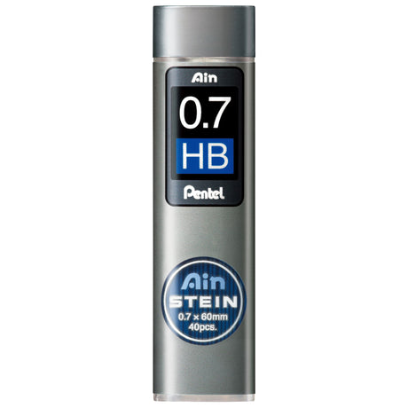 Pentel Ain Stein 0.7mm HB Leads in 12 tubes, featuring durable, break-resistant leads with a swivel-top for easy access.