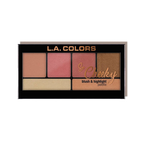 LA Colors So Cheeky Blush & Highlight in Peaches & Cream, featuring two highlighters and four blush shades for a radiant glow.