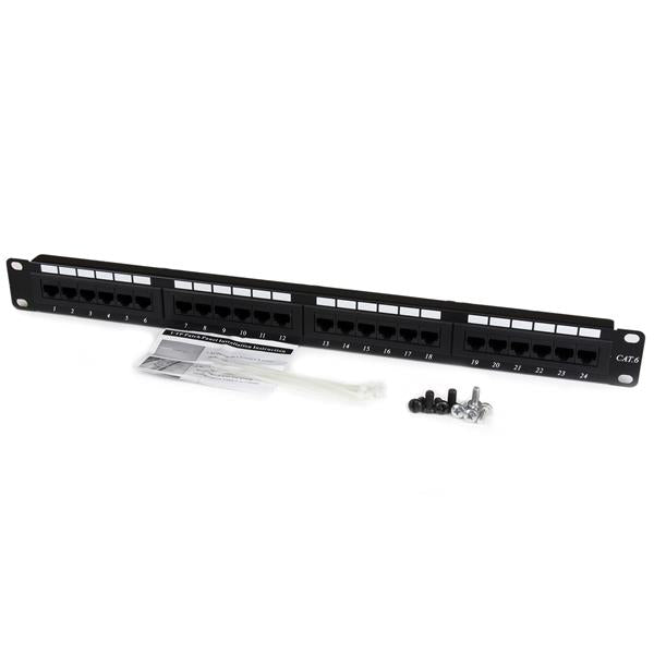 24-Port Rackmount Cat 6 Patch Panel with 110-type termination for LAN and voice, ergonomic design for easy installation.