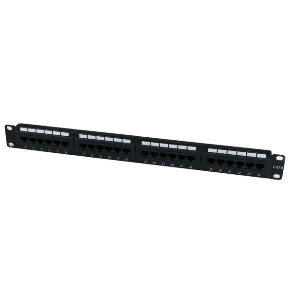 24-Port Rackmount Cat 6 Patch Panel with easy installation, 110-type termination, and writable surface for network organization.